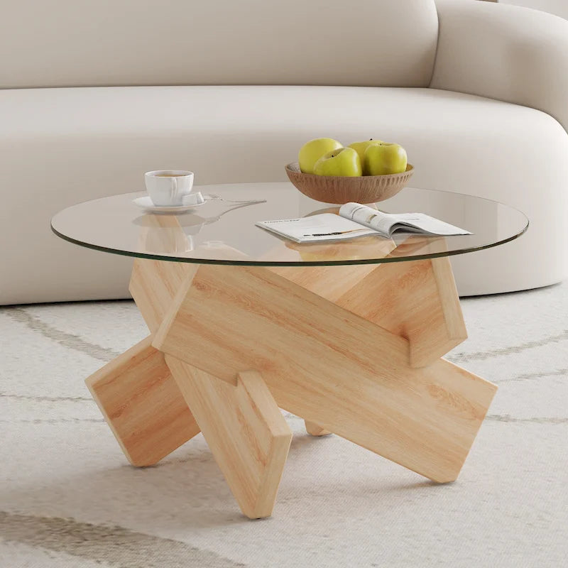 Table basse ronde moderne de 33,4 po avec plateau en verre trempé transparent et pieds en MDF pour le salon
