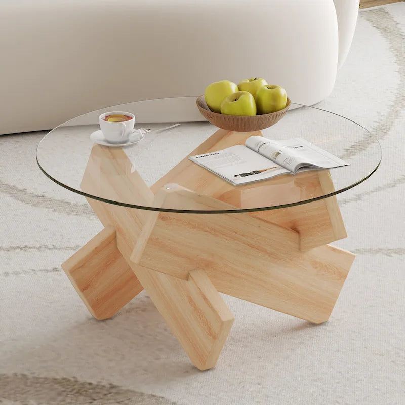 Table basse ronde moderne de 33,4 po avec plateau en verre trempé transparent et pieds en MDF pour le salon