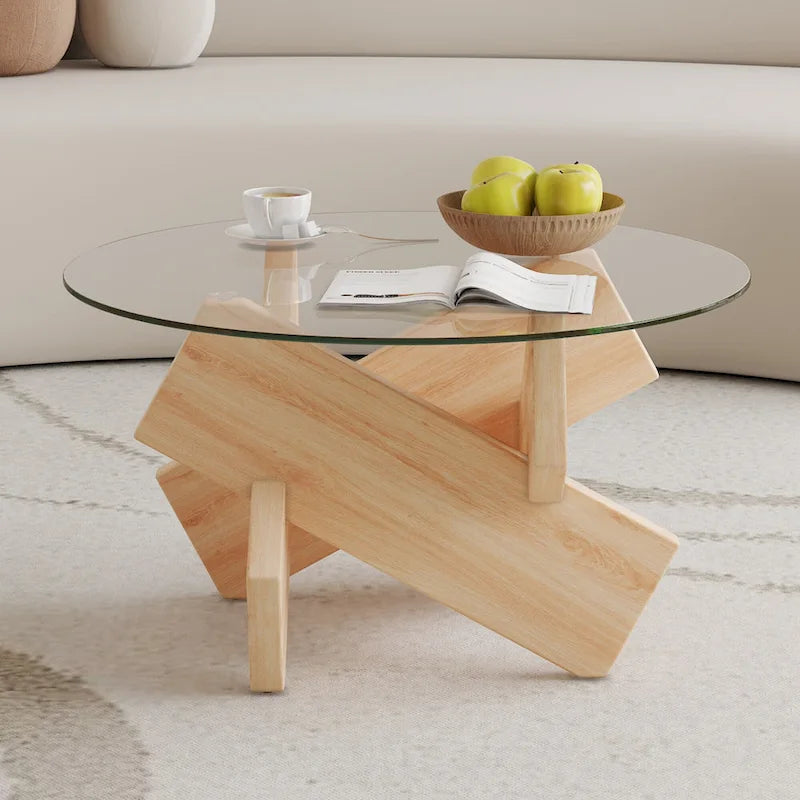 Table basse ronde moderne de 33,4 po avec plateau en verre trempé transparent et pieds en MDF pour le salon
