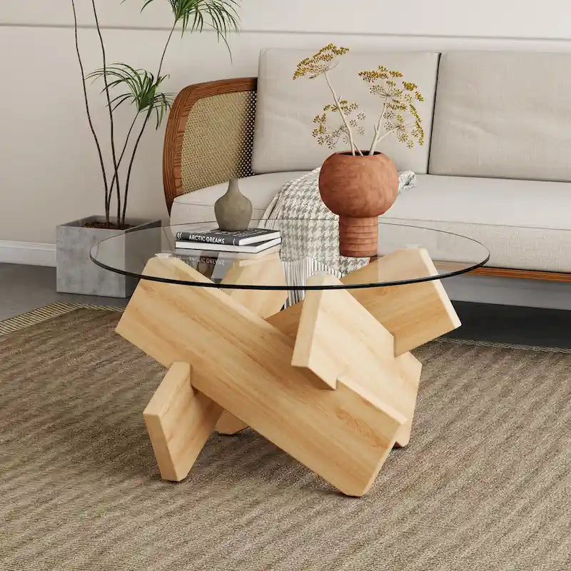 Table basse ronde moderne de 33,4 po avec plateau en verre trempé transparent et pieds en MDF pour le salon