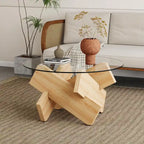 Table basse ronde moderne de 33,4 po avec plateau en verre trempé transparent et pieds en MDF pour le salon