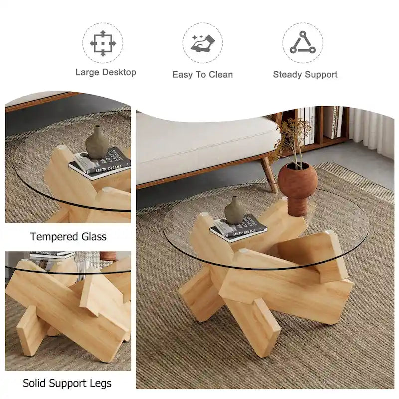 Table basse ronde moderne de 33,4 po avec plateau en verre trempé transparent et pieds en MDF pour le salon