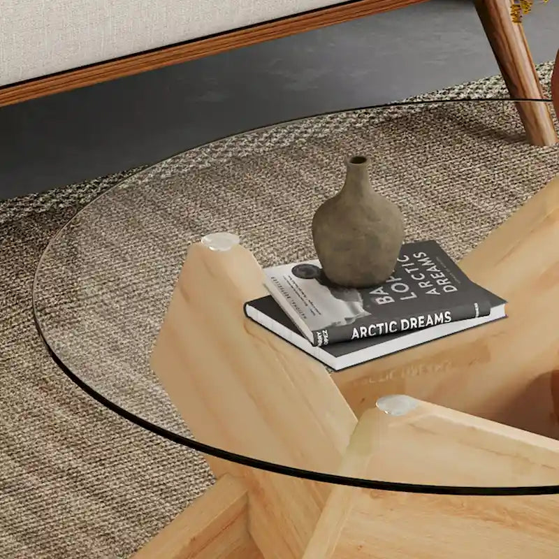 Table basse ronde moderne de 33,4 po avec plateau en verre trempé transparent et pieds en MDF pour le salon