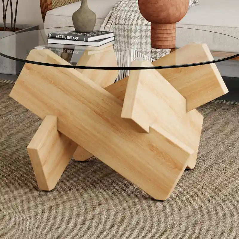 Table basse ronde moderne de 33,4 po avec plateau en verre trempé transparent et pieds en MDF pour le salon