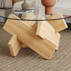 Table basse ronde moderne de 33,4 po avec plateau en verre trempé transparent et pieds en MDF pour le salon