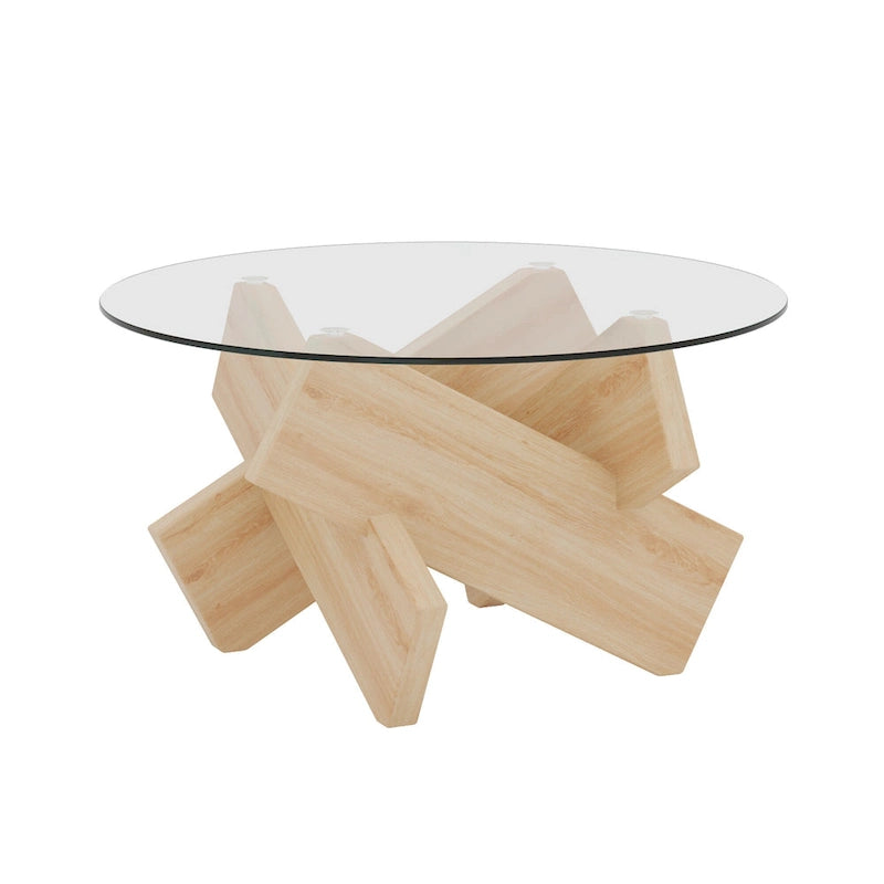 Table basse ronde moderne de 33,4 po avec plateau en verre trempé transparent et pieds en MDF pour le salon