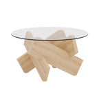 Table basse ronde moderne de 33,4 po avec plateau en verre trempé transparent et pieds en MDF pour le salon