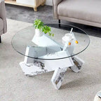 Table basse ronde moderne de 33,4 po avec plateau en verre trempé transparent et pieds en MDF pour le salon