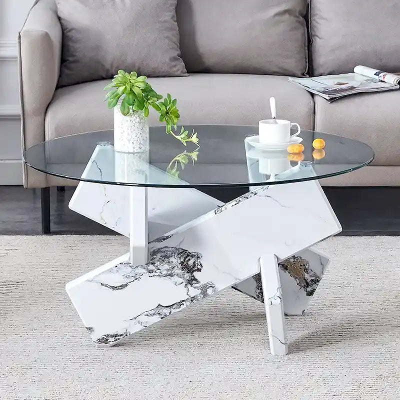 Table basse ronde moderne de 33,4 po avec plateau en verre trempé transparent et pieds en MDF pour le salon