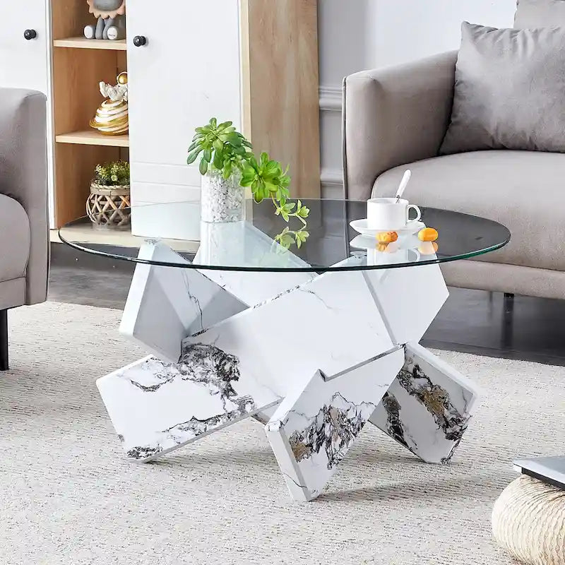 Table basse ronde moderne de 33,4 po avec plateau en verre trempé transparent et pieds en MDF pour le salon
