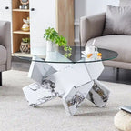 Table basse ronde moderne de 33,4 po avec plateau en verre trempé transparent et pieds en MDF pour le salon