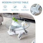 Table basse ronde moderne de 33,4 po avec plateau en verre trempé transparent et pieds en MDF pour le salon