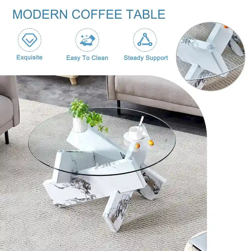Table basse ronde moderne de 33,4 po avec plateau en verre trempé transparent et pieds en MDF pour le salon