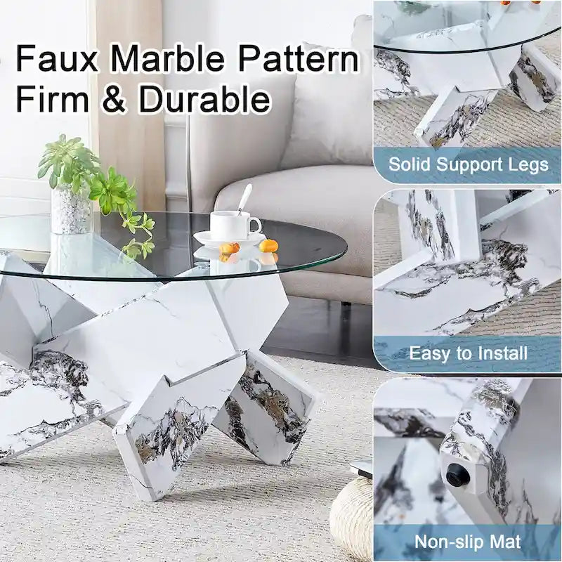 Table basse ronde moderne de 33,4 po avec plateau en verre trempé transparent et pieds en MDF pour le salon