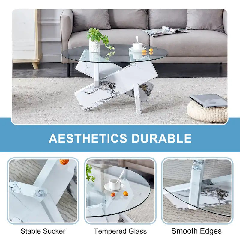 Table basse ronde moderne de 33,4 po avec plateau en verre trempé transparent et pieds en MDF pour le salon