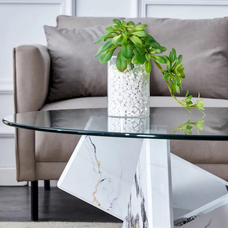 Table basse ronde moderne de 33,4 po avec plateau en verre trempé transparent et pieds en MDF pour le salon