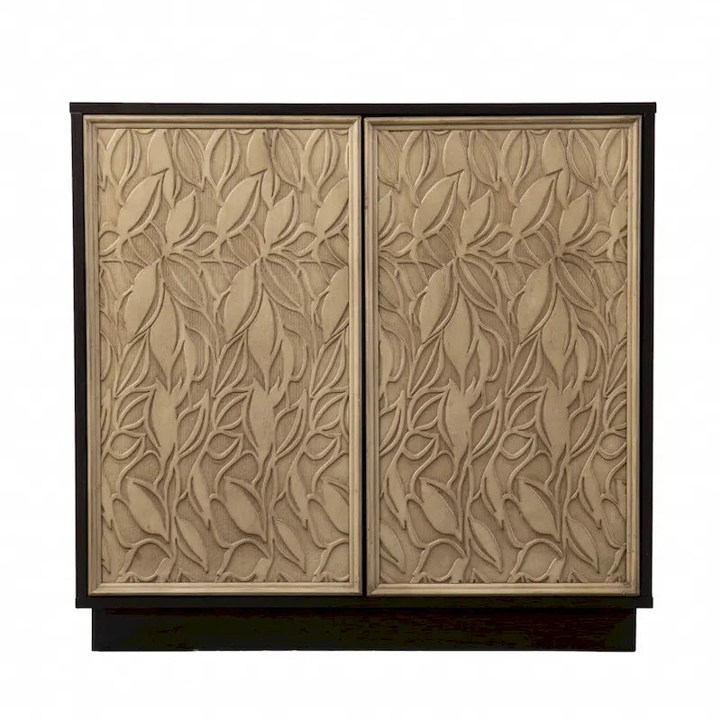 Bahut floral sculpté avec deux portes, couleur marron foncé naturel, 32 po