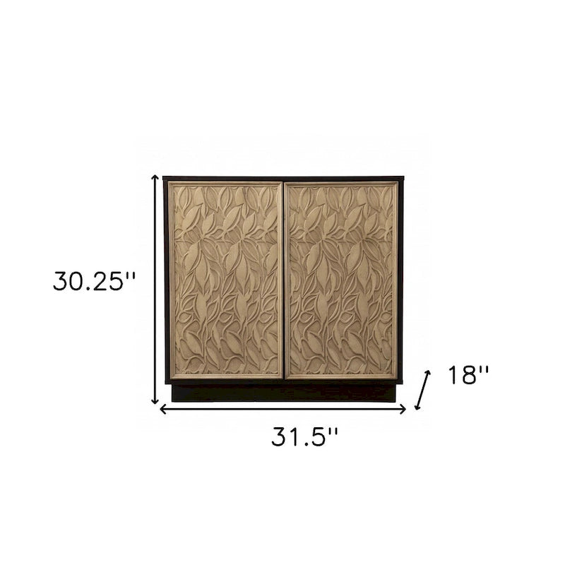 Bahut floral sculpté avec deux portes, couleur marron foncé naturel, 32 po