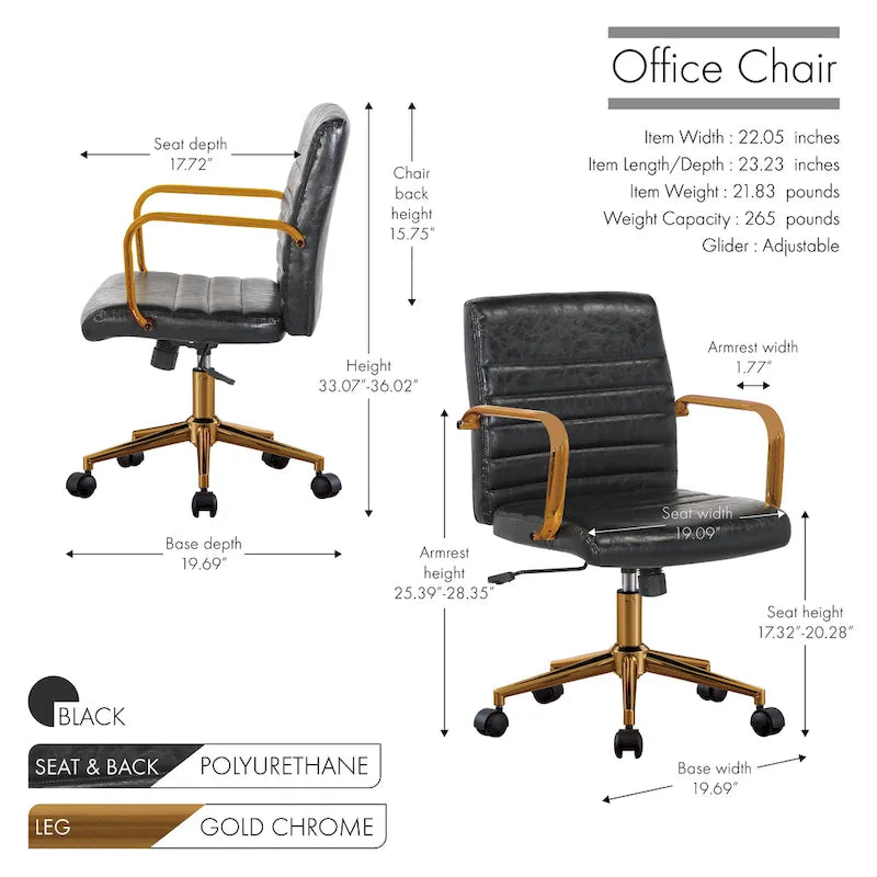Chaise de bureau pivotante, cuir PU, roulettes