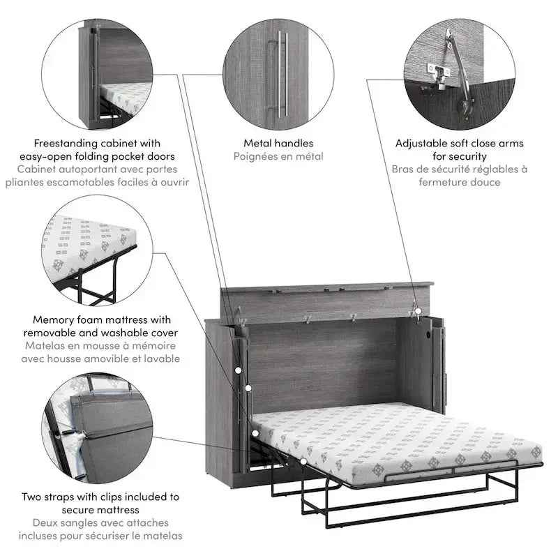 Lit escamotable Queen 75W avec matelas pour chambre d'amis