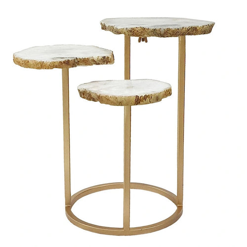 Table d'appoint de 45 cm, design à 3 niveaux, plateau en agate blanche, base en fer doré