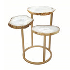 Table d'appoint de 45 cm, design à 3 niveaux, plateau en agate blanche, base en fer doré
