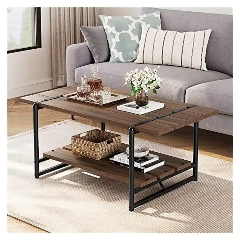 Table basse en bois à 2 niveaux de style campagnard, 41 po, avec étagère