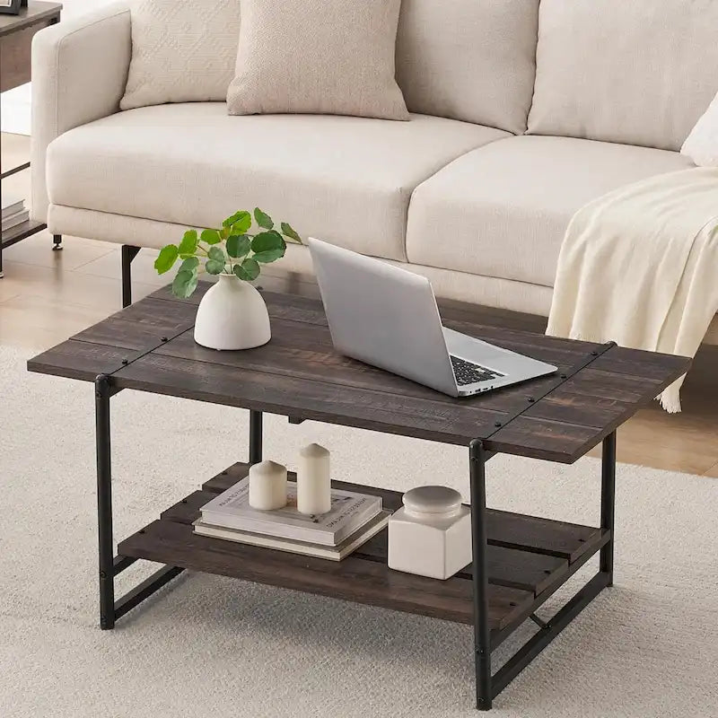 Table basse en bois à 2 niveaux de style campagnard, 41 po, avec étagère