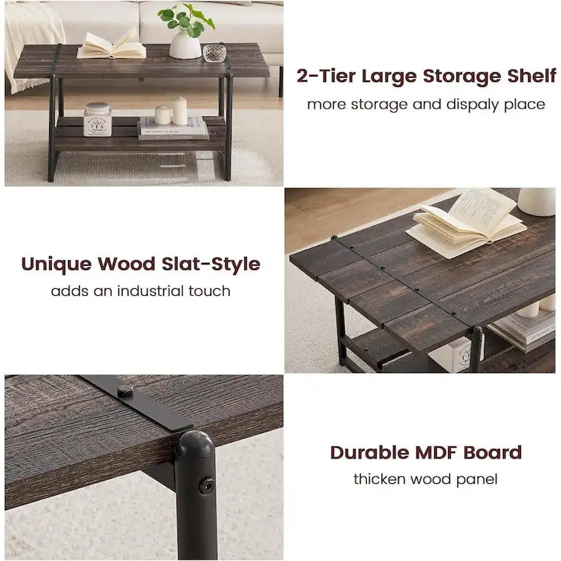 Table basse en bois à 2 niveaux de style campagnard, 41 po, avec étagère