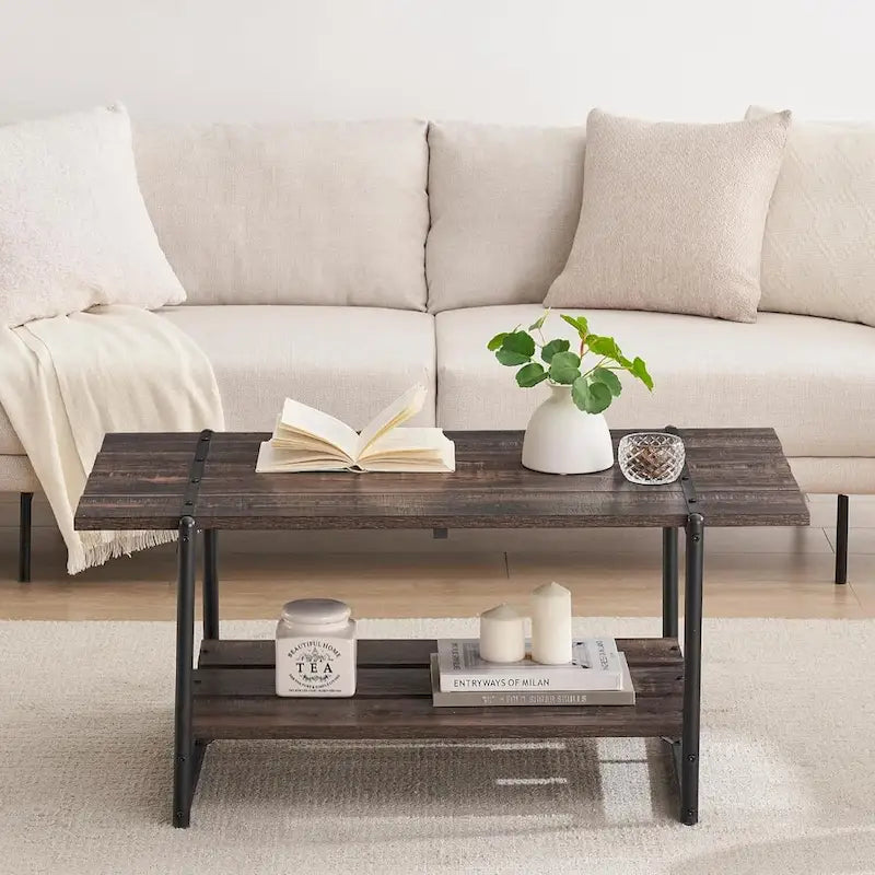 Table basse en bois à 2 niveaux de style campagnard, 41 po, avec étagère