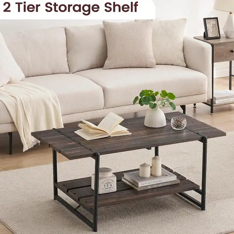 Table basse en bois à 2 niveaux de style campagnard, 41 po, avec étagère