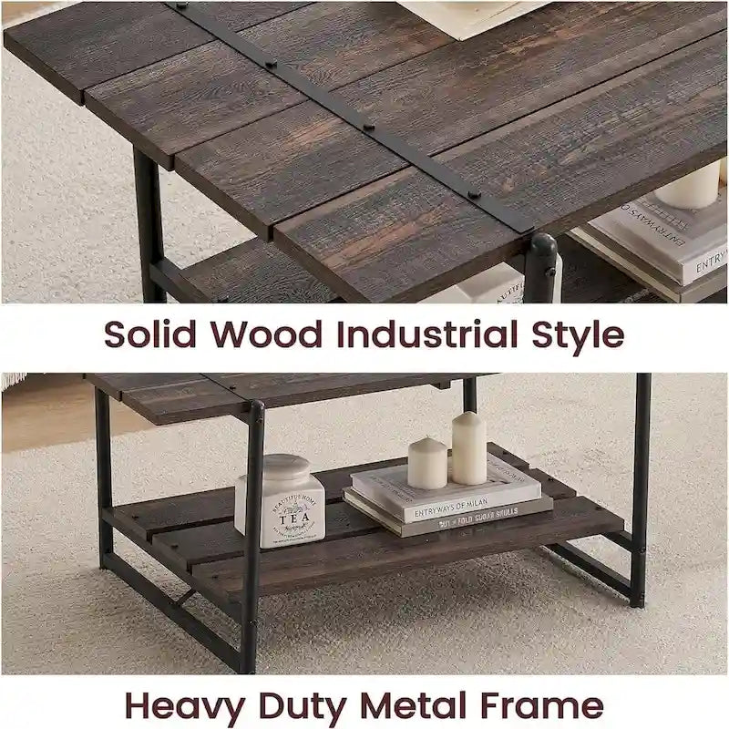 Table basse en bois à 2 niveaux de style campagnard, 41 po, avec étagère