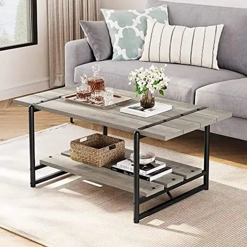 Table basse en bois à 2 niveaux de style campagnard, 41 po, avec étagère