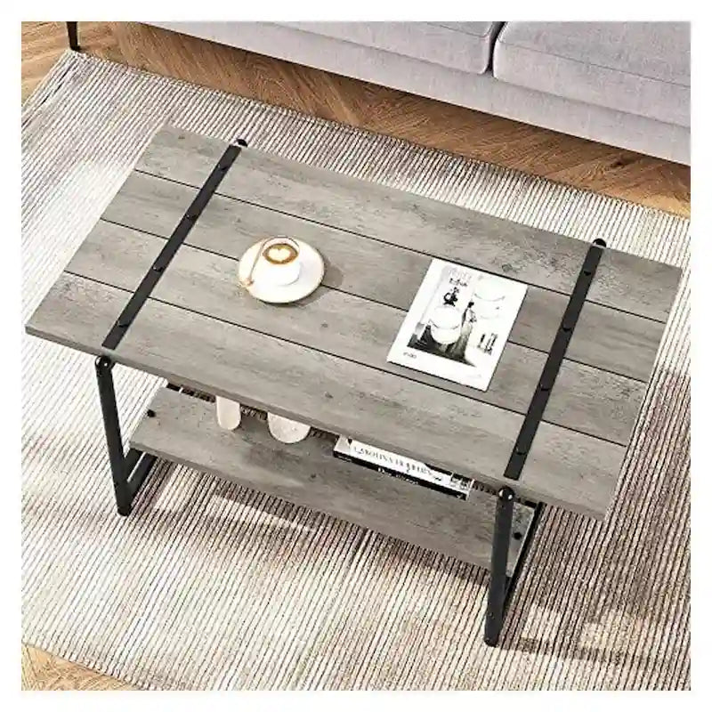 Table basse en bois à 2 niveaux de style campagnard, 41 po, avec étagère