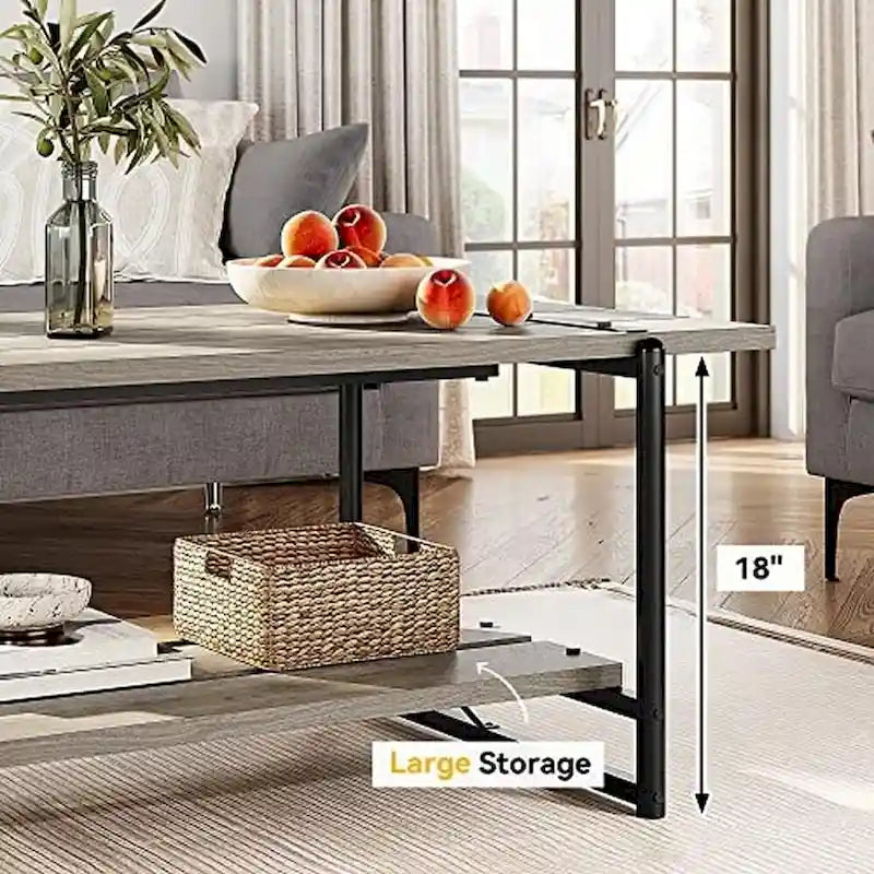 Table basse en bois à 2 niveaux de style campagnard, 41 po, avec étagère