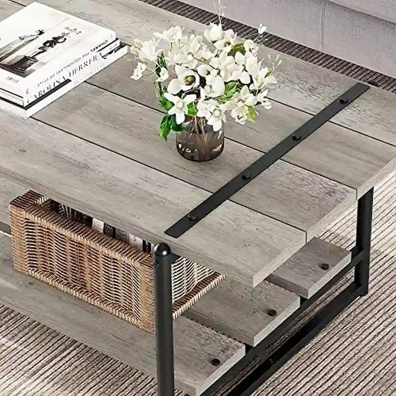 Table basse en bois à 2 niveaux de style campagnard, 41 po, avec étagère