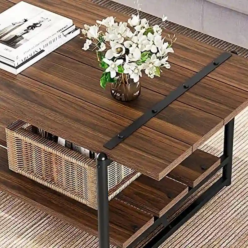 Table basse en bois à 2 niveaux de style campagnard, 41 po, avec étagère