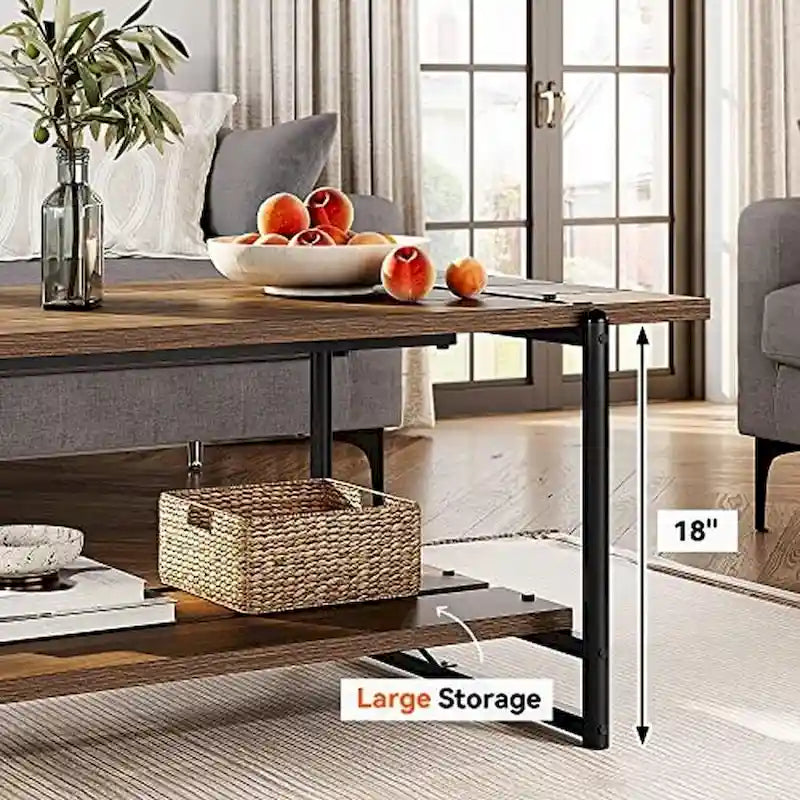 Table basse en bois à 2 niveaux de style campagnard, 41 po, avec étagère