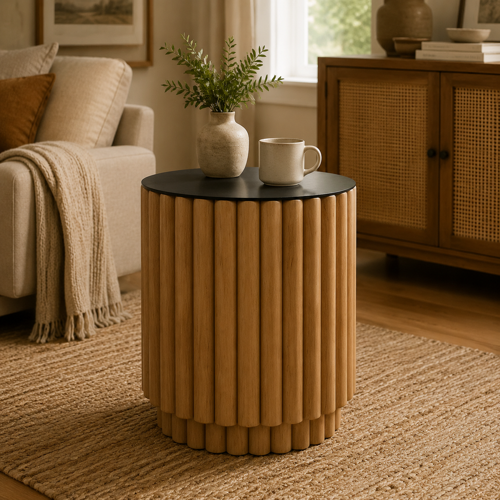 Pied cannelé - Table d'appoint naturelle - Plateau en verre noir